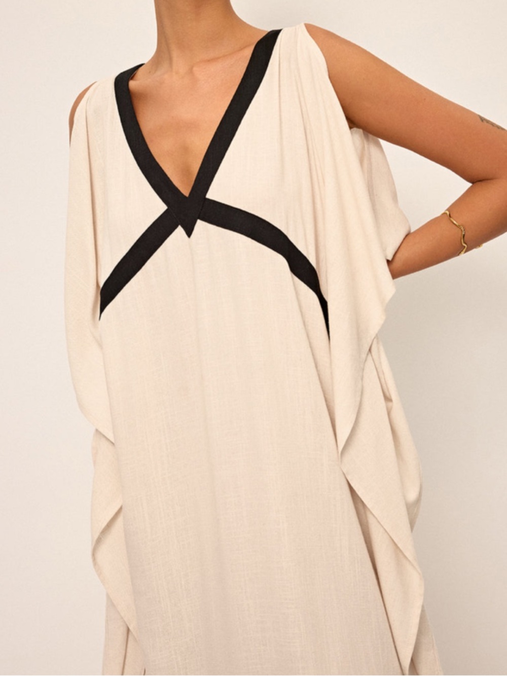 NWT Contrast Trim Maxi Kaftan Dress | Cream & Black | Resort Vacation Dress - Picture 5 of 6